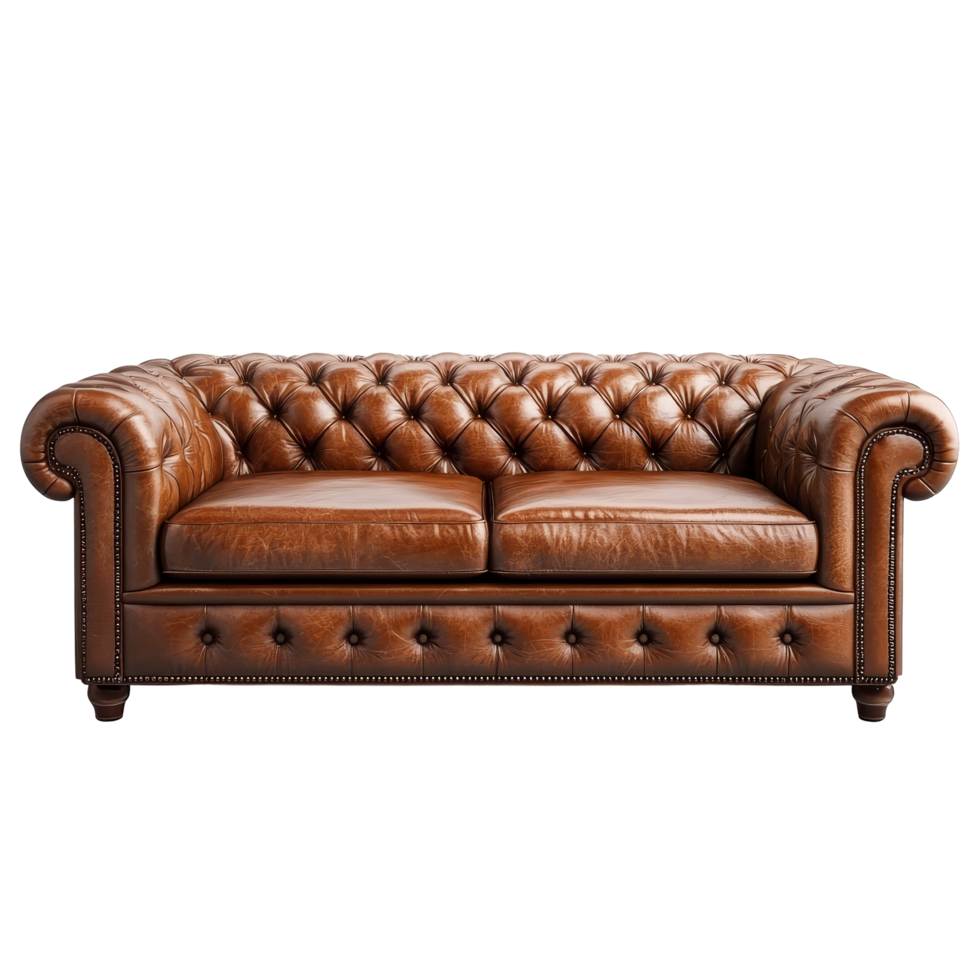 Elegant leather sofa with tufted design and classic styling on a clean transparent background, leather sofa on transparent background png
