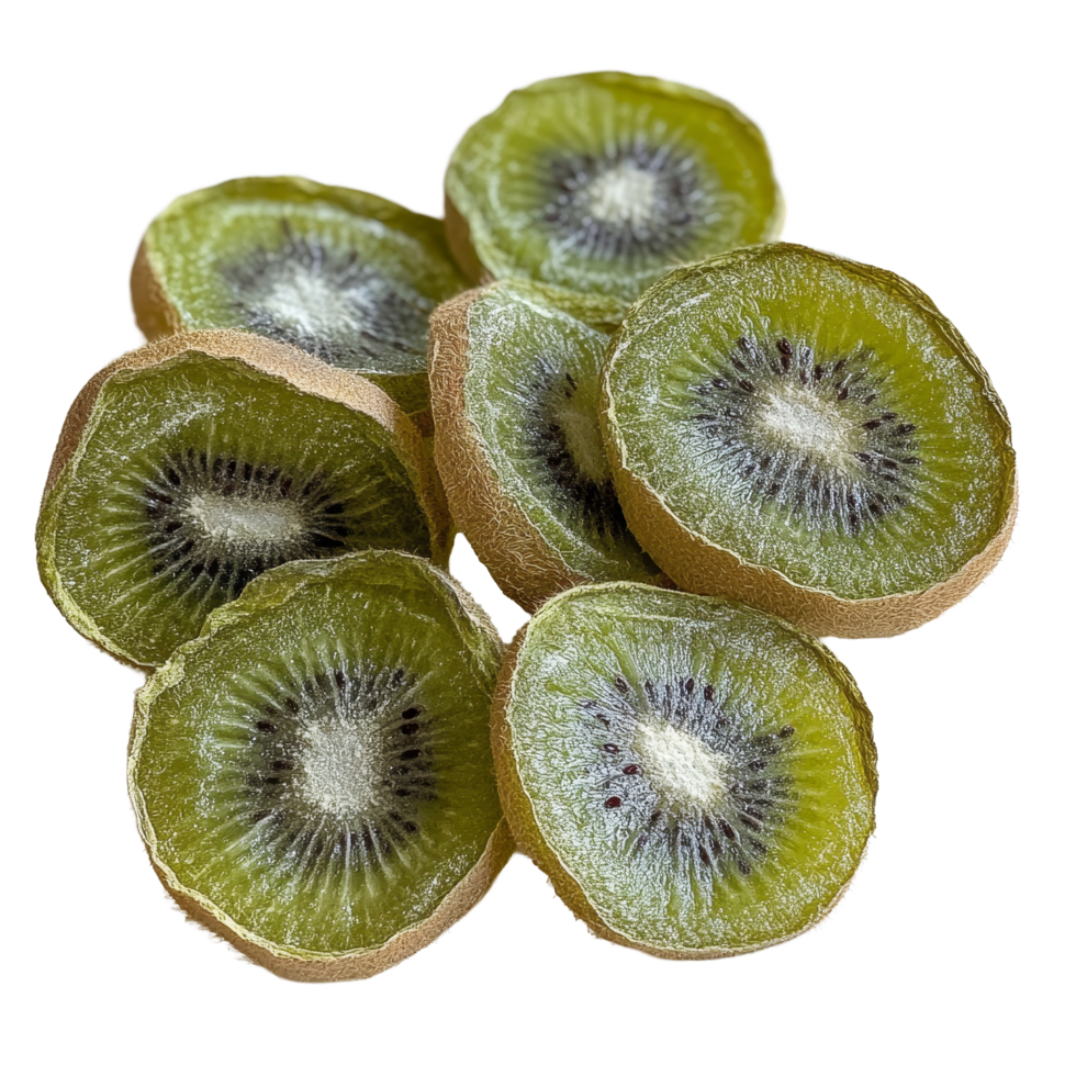 Dried kiwi slices arranged on a clean transparent background showcasing their vibrant green color and unique texture, kiwi dried on transparent background png