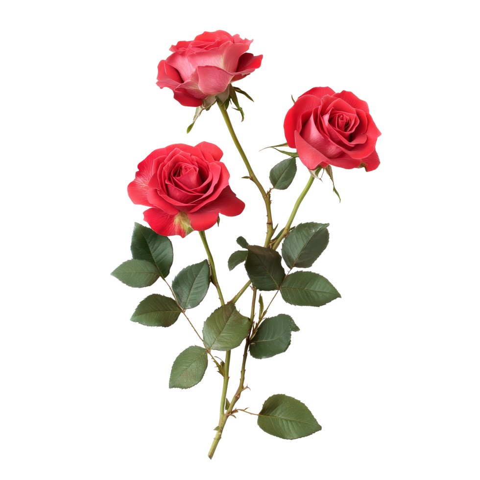 Beautiful red rose flowers with lush green leaves isolated on a transparent background, perfect for various design projects, rose flowers isolated on transparent background cutout png