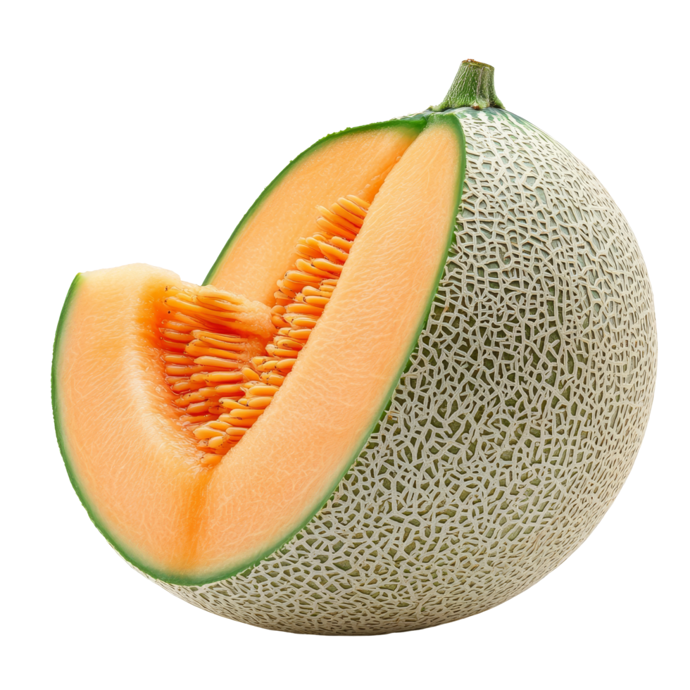 Fresh cantaloupe melon half on a clean transparent background displaying its vibrant orange flesh and textured rind, cantaloupe melon isolated on transparent background png
