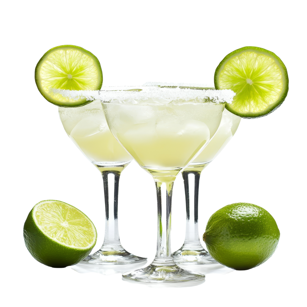 Refreshing margaritas with lime slices served on a transparent background for a vibrant cocktail experience, margaritas with lime slice isolated on transparent background png