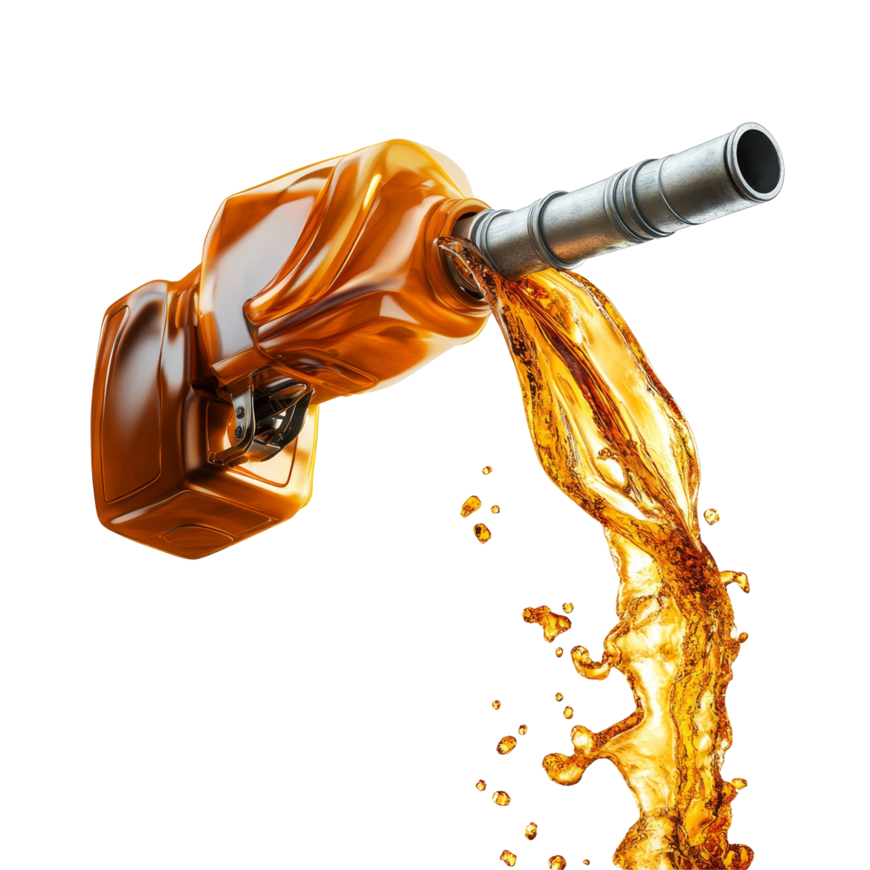 Gasoline flows from a fuel pump creating a dynamic splash against a clean transparent backdrop, Gasoline gushing out from pump isolated on transparent background png
