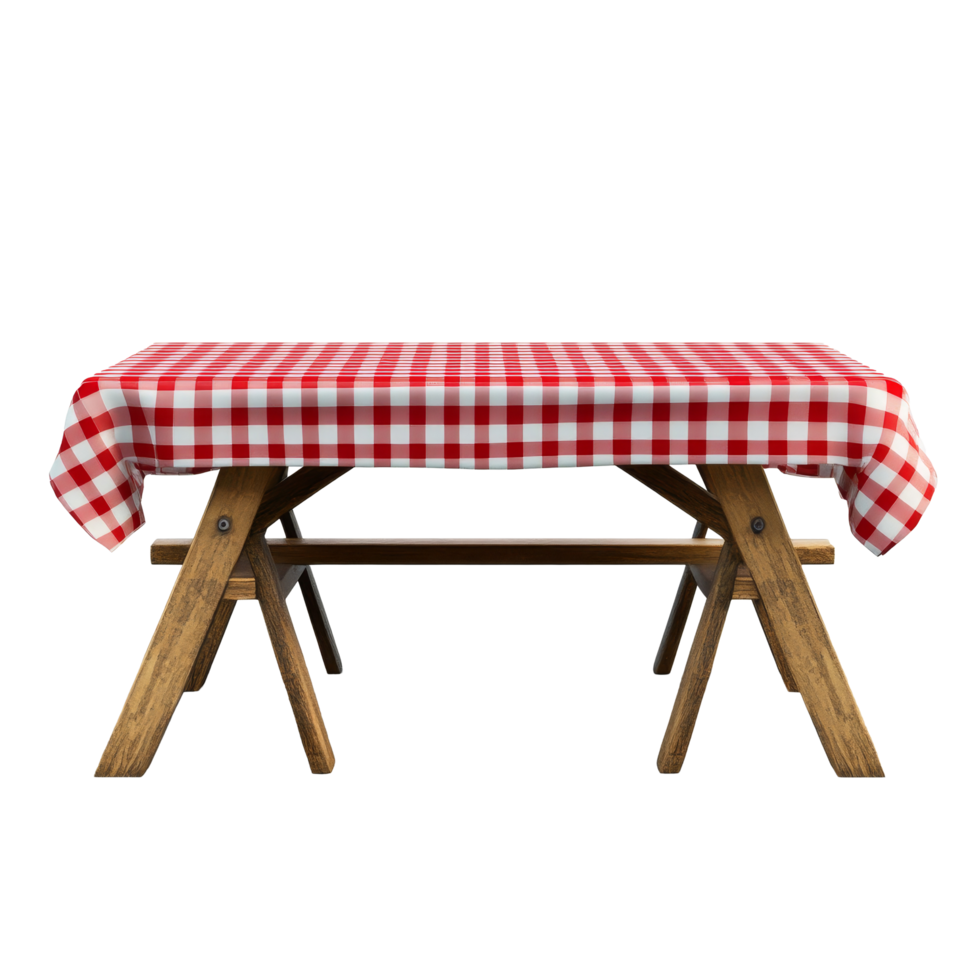 A picnic table with a red checkered tablecloth set for outdoor gatherings on a sunny afternoon, Picnic Table with Red Checkered Tablecloth on transparent background png