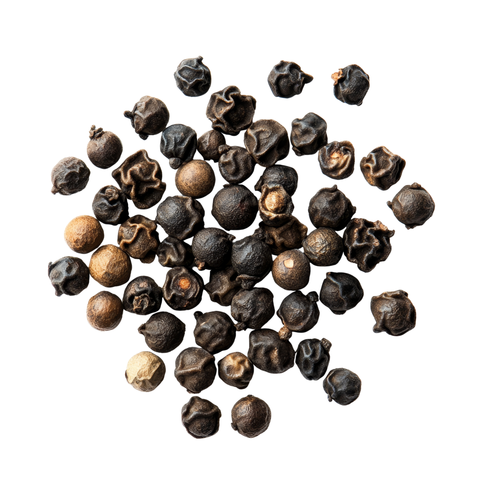 Black peppercorns scattered on a clean transparent background with transparent lighting illuminating texture, Black Peppercorns isolated on transparent background png