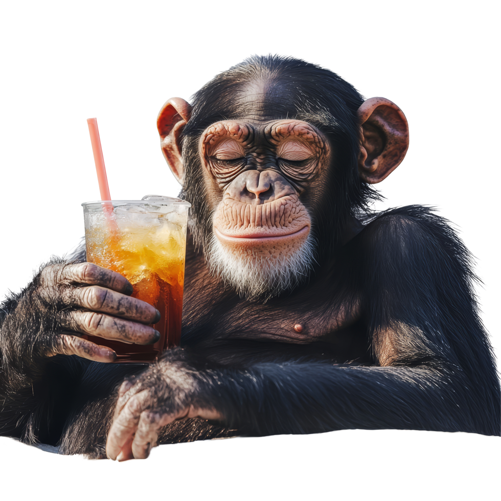 A relaxing chimpanzee enjoying a cold drink on a sunny day in a tranquil setting, Summer Vibe Relaxing Chimpanzee with a Cold Drink On transparent background png