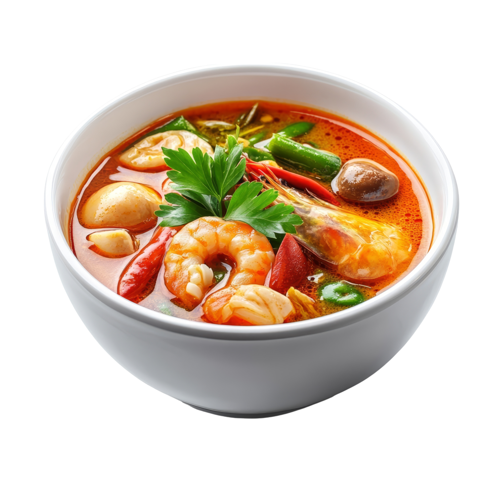 Delicious Tom Yum Kung soup featuring shrimp, herbs, and spices served in a bowl against a transparent background, Tom Yam Kung Thai cuisine isolated on transparent background png