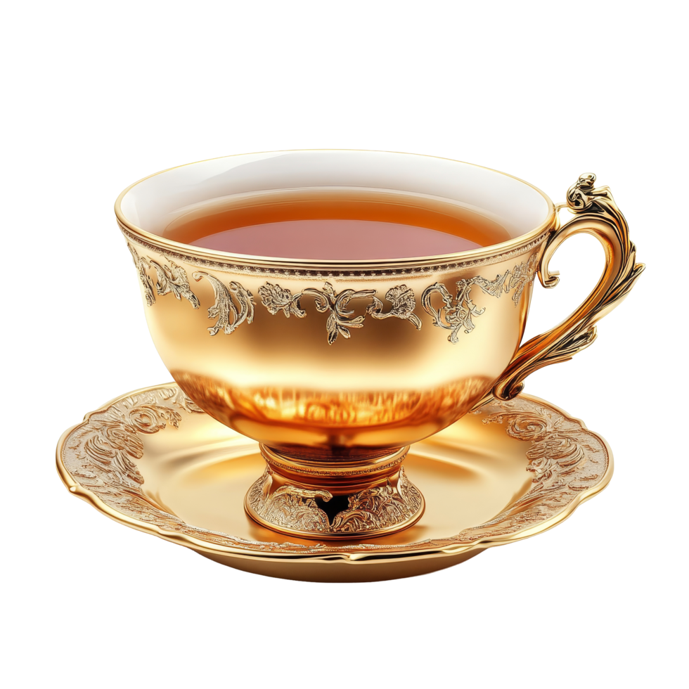 Luxurious golden tea cup with intricate design set against a transparent background for elegant presentations, luxury golden cup of tea isolated on transparent background png