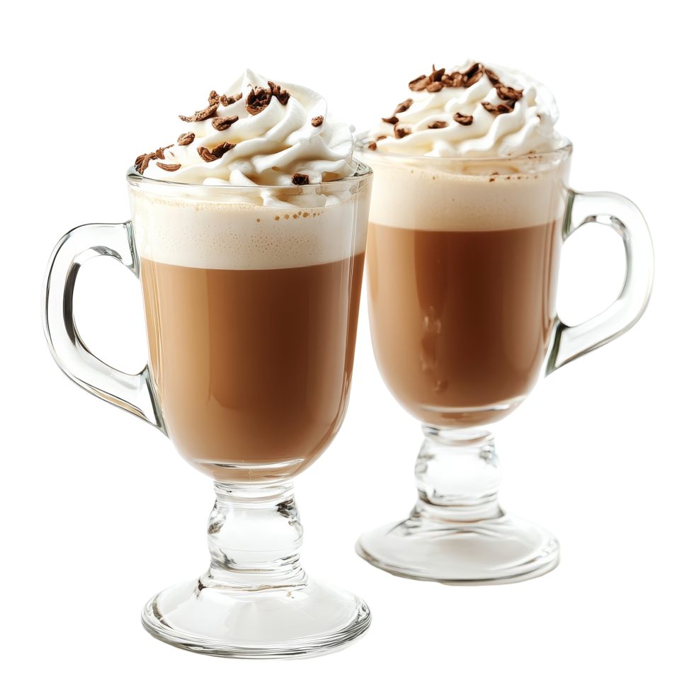Delicious coffee topped with whipped cream and chocolate shavings on a bright transparent background, glasses of coffee with whipped cream on transparent background png