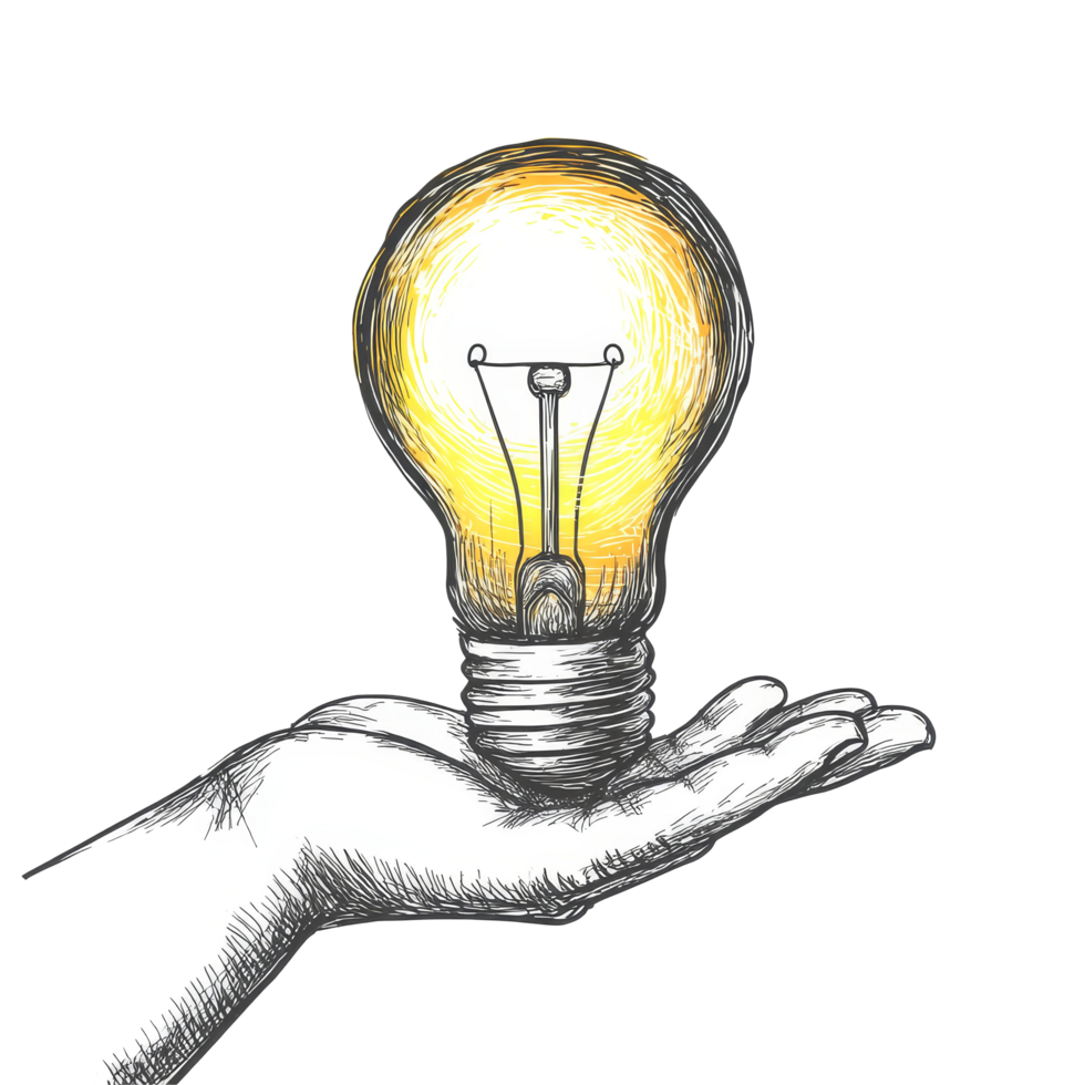 Hand drawn glowing light bulb held gently in an open hand, symbolizing bright ideas and innovation, glowing light bulb in hand drawn style isolated on transparent background png