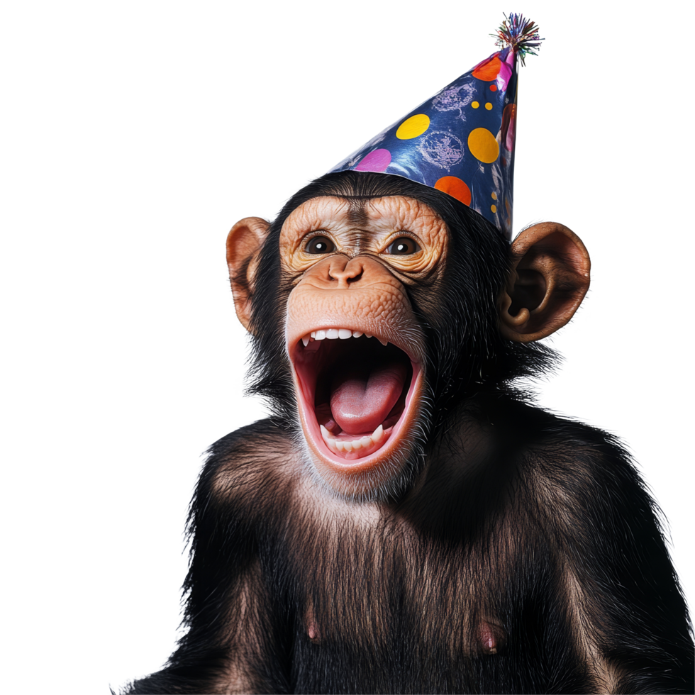 Excited monkey wearing colorful party hat celebrates with joyful expression against a plain transparent background, Excited Monkey with Party Hat on transparent background png