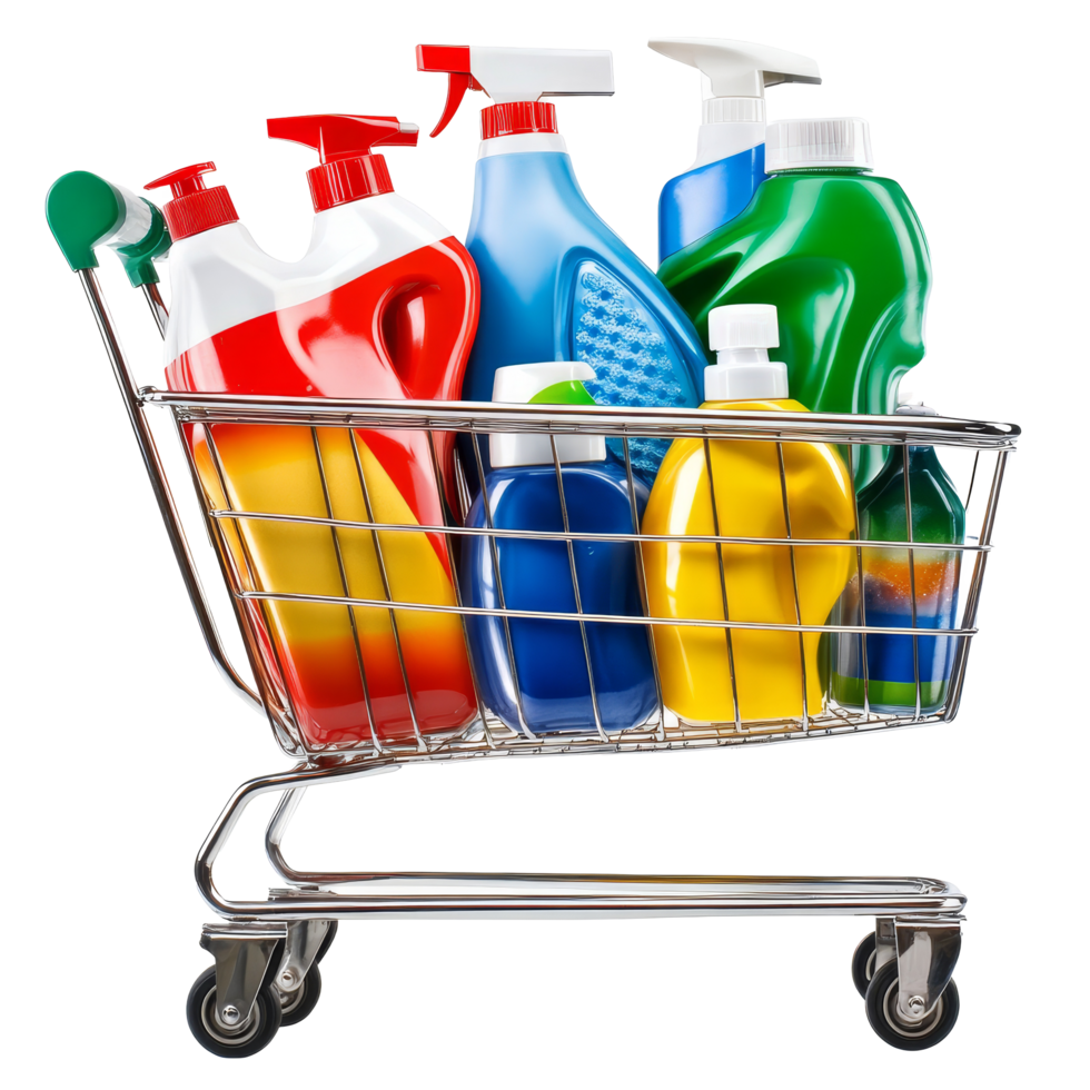 Shopping cart filled with various brightly colored cleaning products in a grocery store setting, file no background Shopping cart filled with detergents png