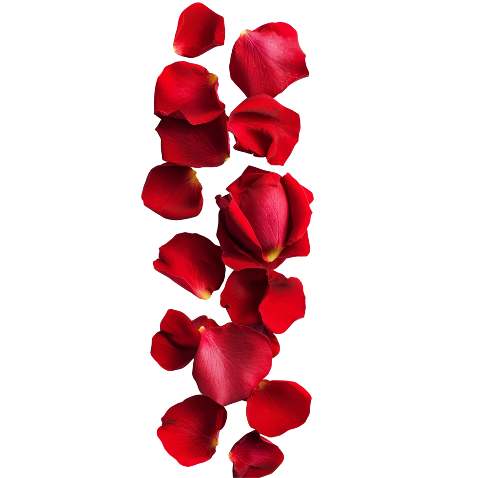 A scattered strip of vibrant red rose petals isolated on a clean transparent background, strip of scattered red rose petals, file of isolated object on transparent background png