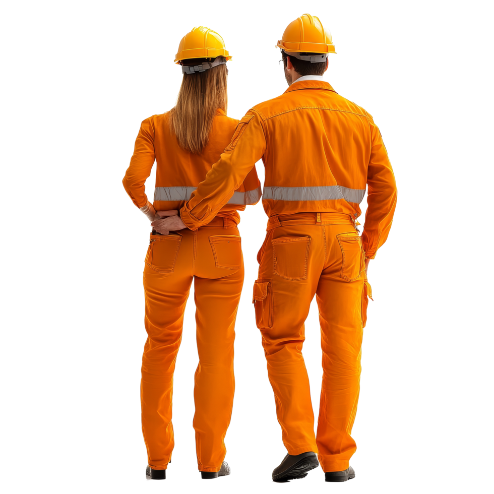 Couple in bright construction attire standing together with helmets, showcasing teamwork in a construction setting, Couple in Construction Attire Back View Isolated on transparent background png