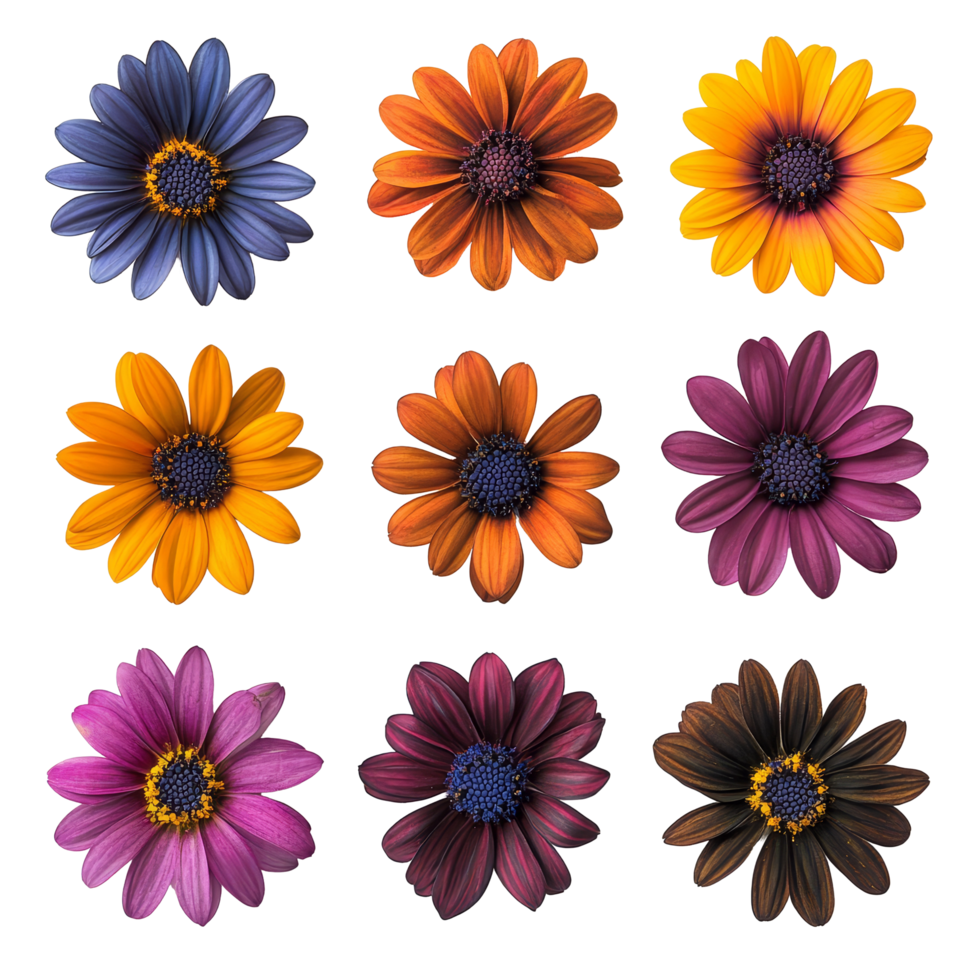 A vibrant collection of African daisies showcasing various colors and unique petal patterns from above, various african daisy single flower top view and with isolated on transparent background png