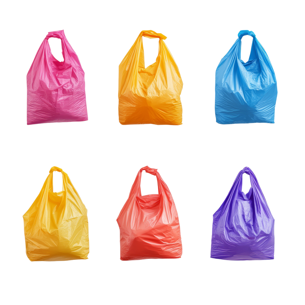 Colorful plastic shopping bags collection arranged neatly on a transparent background showcasing various hues and textures, plastic shopping bag on transparent background png
