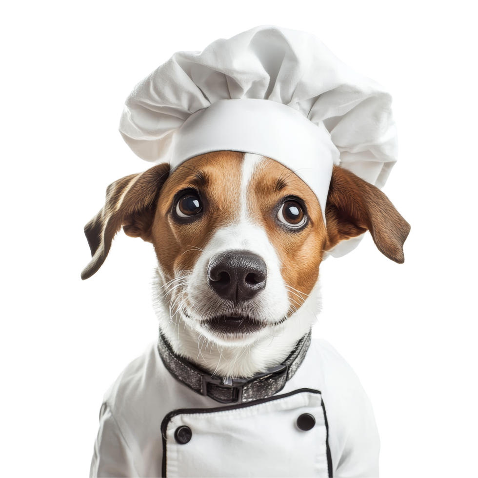 Funny dog dressed as a chef, standing against a clean transparent background with an adorable expression, Funny Dog Wearing Chef Outfit Isolated on transparent background png