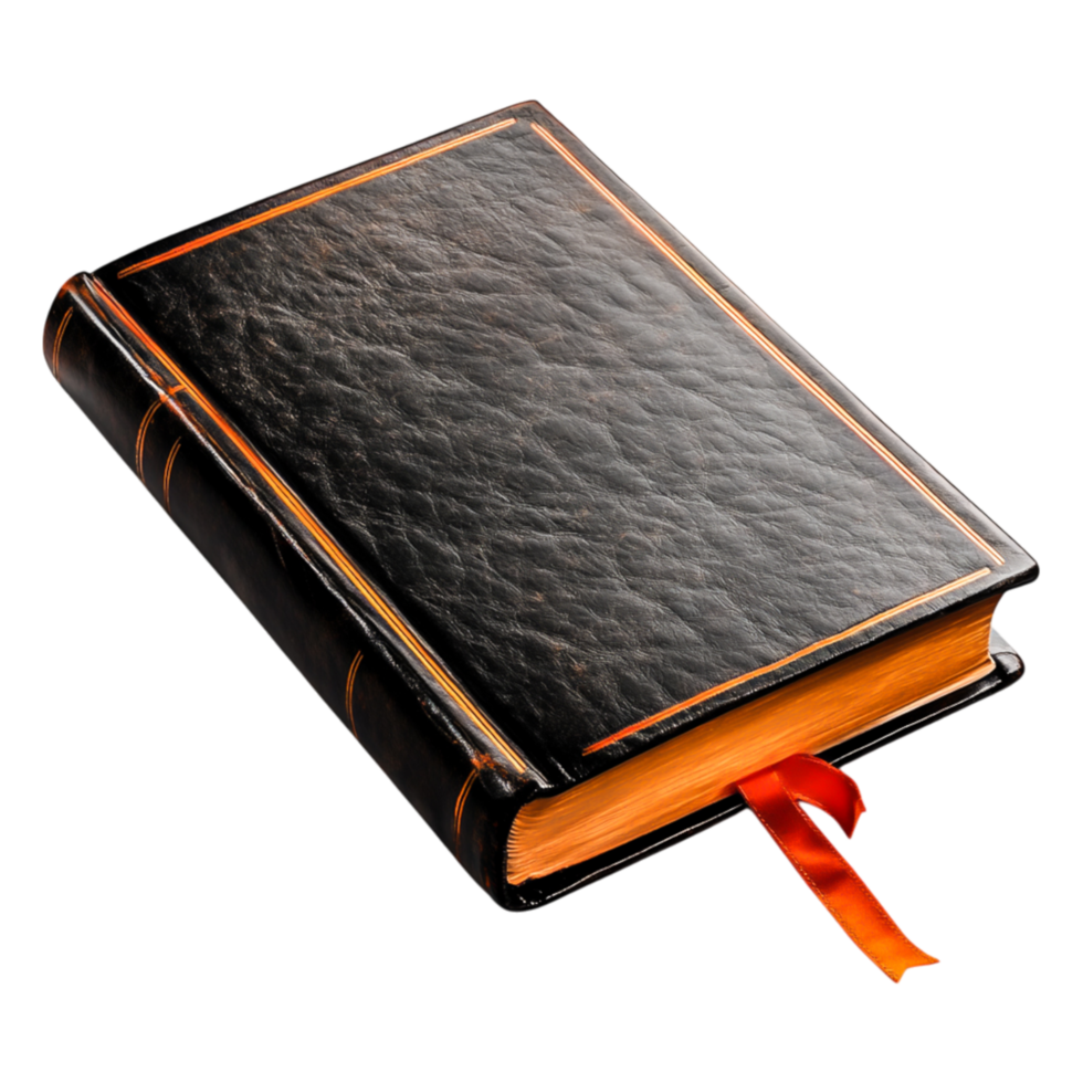 Elegant Black Leather Book with Orange Pages and Ribbon Bookmark png