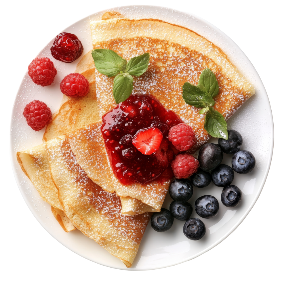 Delicious crepes topped with sweet jam and fresh red fruits served on a plate for a delightful breakfast treat, Crepes with Jam, Sugared, and Red Fruit Toppings on transparent background png
