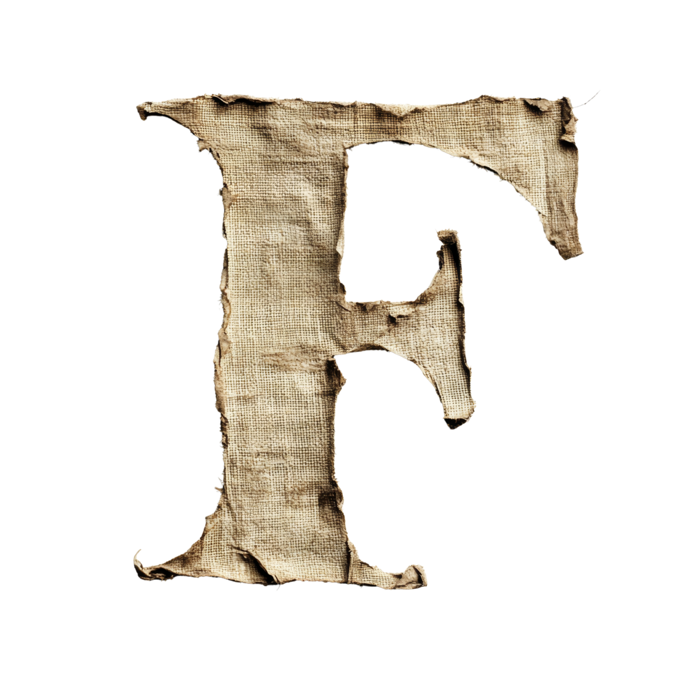 Crafted fabric letter F displayed prominently on a clean transparent background for creative word formation and artistic expressions, consonant letter f is used to make words on transparent png