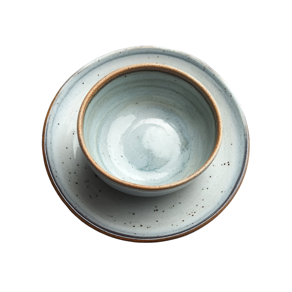 Ceramic plate and bowl set displayed on a transparent background highlighting unique textures and subtle colors, ceramic plate and bowl on transparent background png