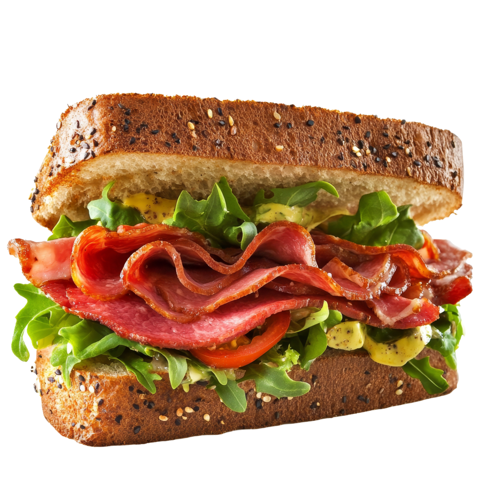 Delicious pastrami sandwich piled high with fresh salad on whole grain bread, perfect for lunch, appetizing pastrami sandwich with salad png