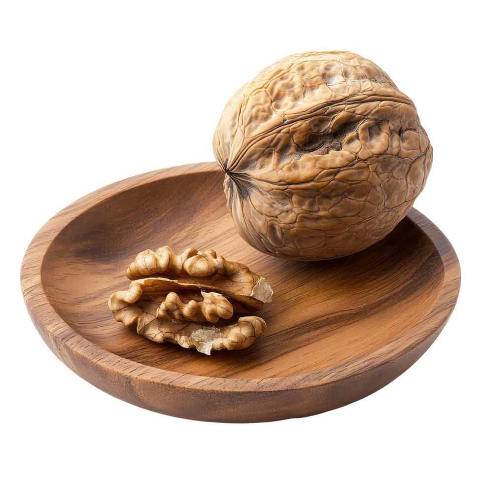 Walnut and cracked walnut pieces on a wooden plate isolated against a clean transparent background, walnut and a cracked walnut plate isolated on transparent background png