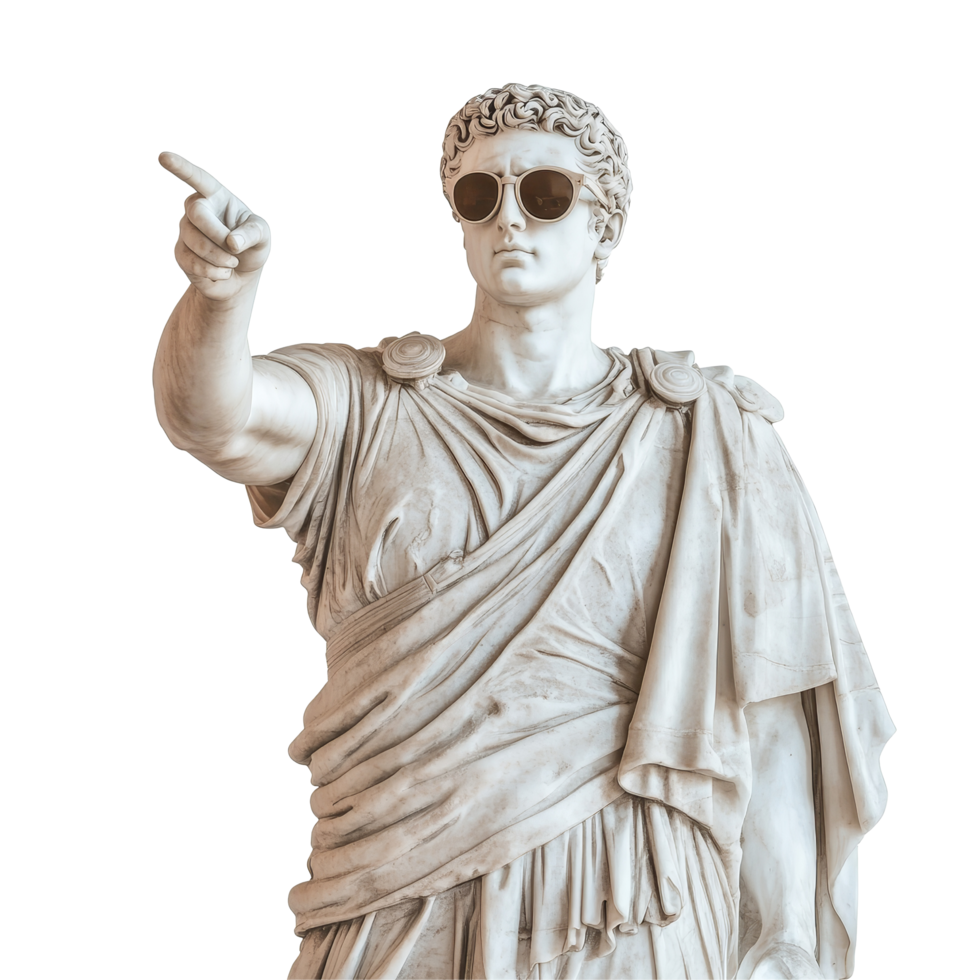 Greek statue wearing sunglasses pointing against a transparent background signaling an amusing modern twist, Greek Statue with Sunglasses Pointing on transparent background png