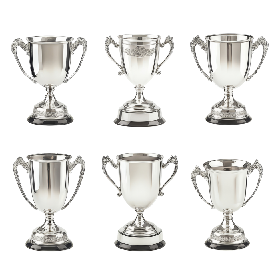 Elegant silver trophy cups displayed on a transparent background for recognition and achievement events, Silver Trophy Cups Set on transparent background png