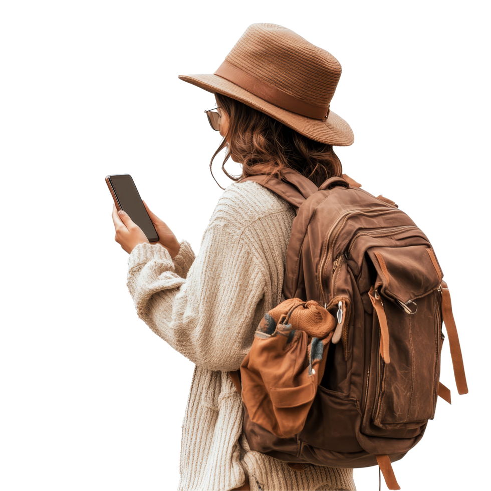 Traveling woman with backpack and smartphone exploring new destinations in nature, file no background Traveling woman connecting with her smartphone png