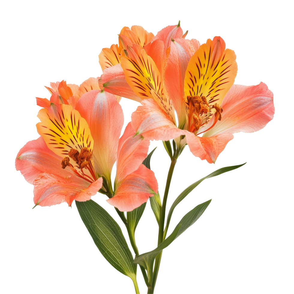 Alstroemeria flowers with orange petals and yellow accents on a clean transparent background, alstroemeria flowers isolated on transparent background cutout png