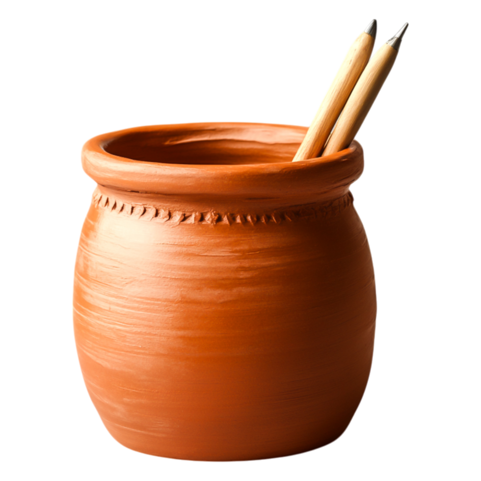 Rustic Clay Pot with Wooden Pencils png