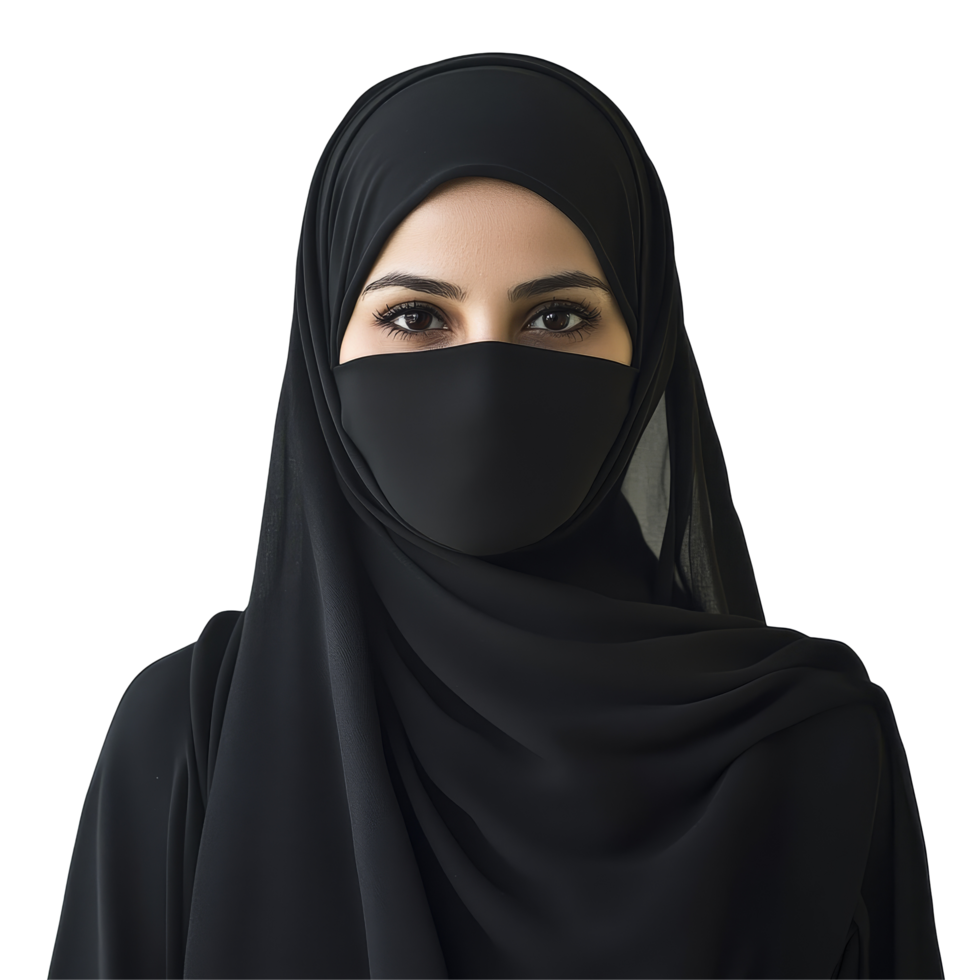 Portrait of a veiled Islamic woman in a black hijab, showcasing cultural attire and serene expression indoors, Portrait of a veiled islamic woman wearing black hijab isolated on transparent background png