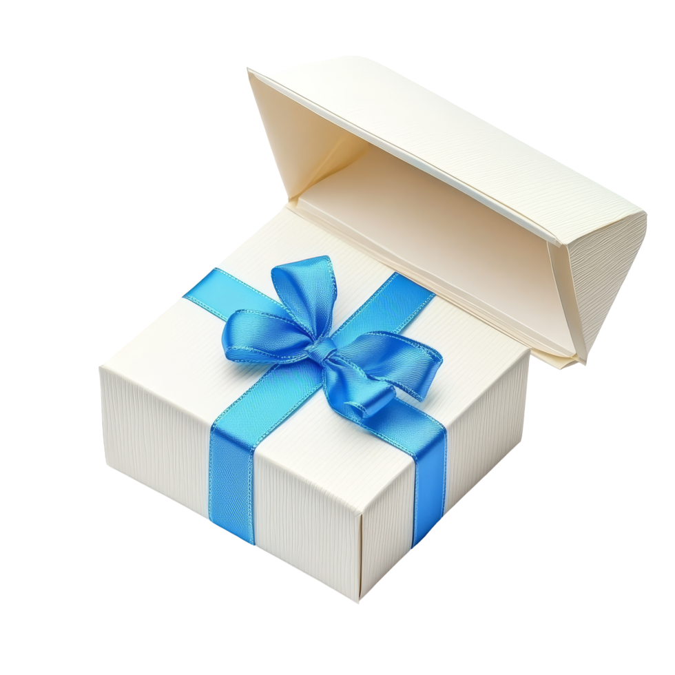 An elegant transparent gift box adorned with a blue ribbon awaits special moments and celebrations, transparent open gift box or present with blue ribbon isolated on transparent background png