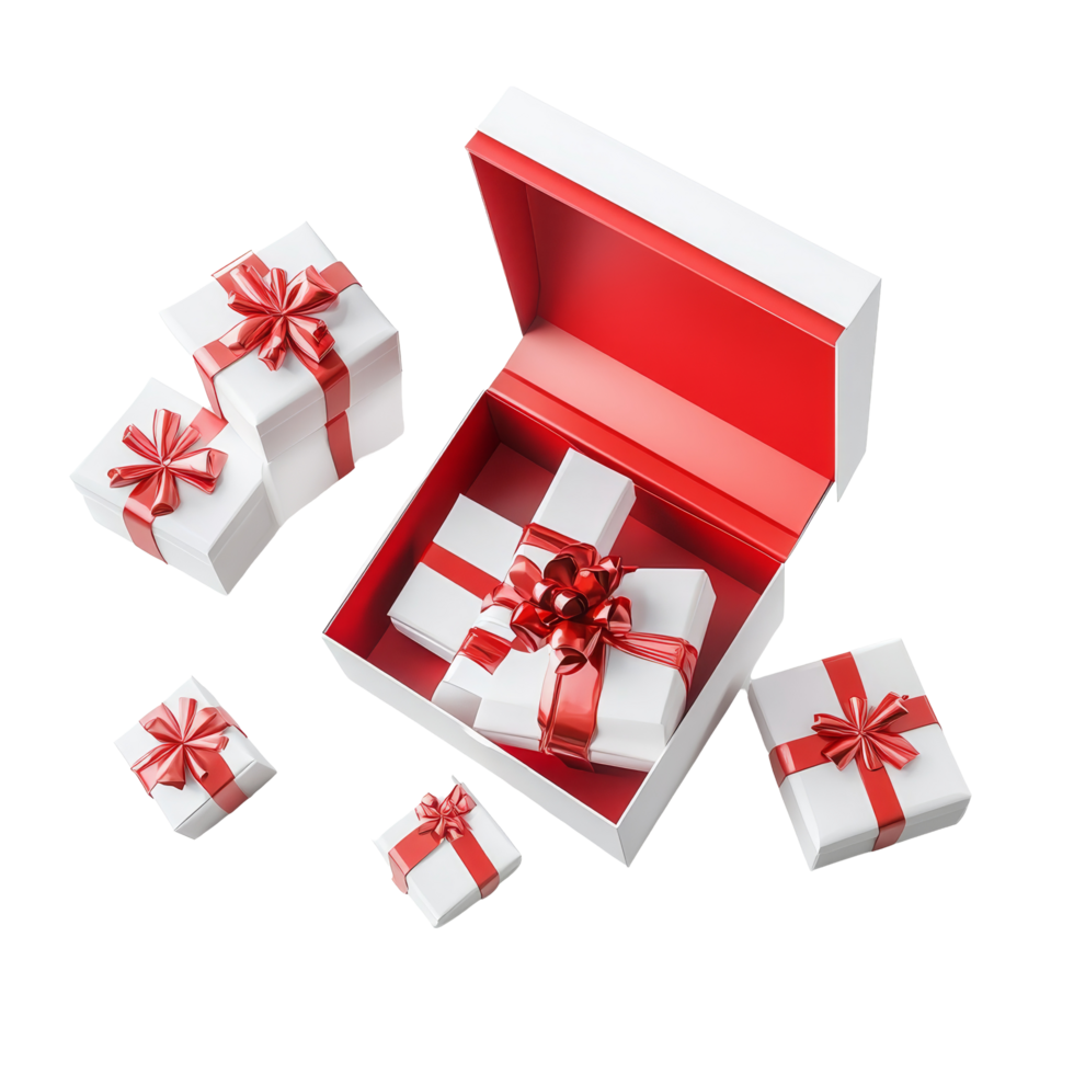 A bright red gift box opens to reveal smaller transparent boxes decorated with red ribbons, perfect for any celebration, Red opened gift box with group of transparent gift boxes isolated on png