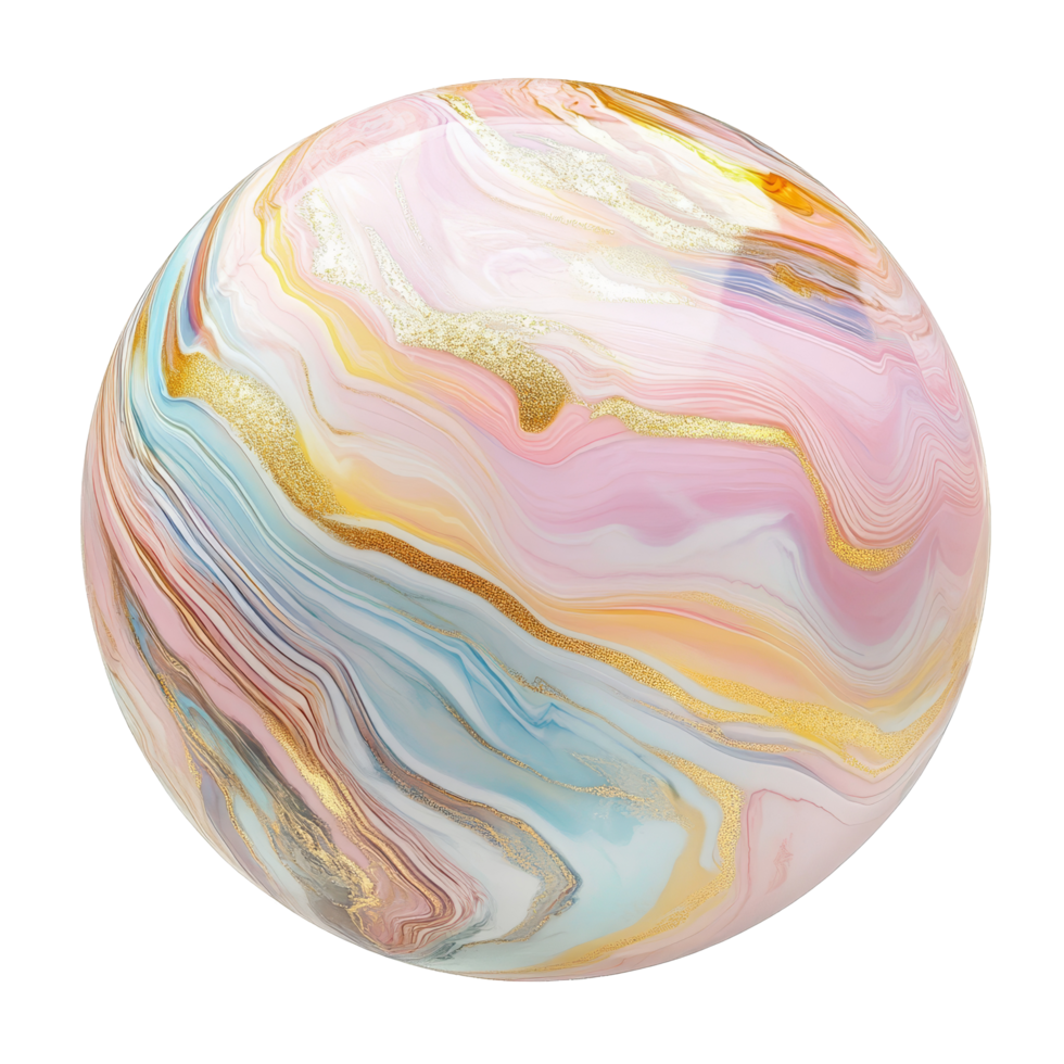Colorful marble sphere features pastel hues with goldstained highlights, perfect for decorative, colorful marble sphere pastel color with gold stain isolated on transparent background png