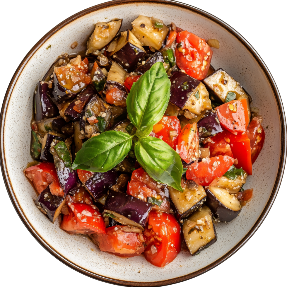 Fresh eggplant salad with tomatoes and basil served in a bowl for a wholesome meal, plate of eggplant salad with tomato png