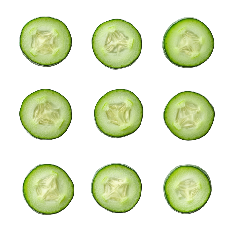 Freshly sliced cucumber rounds arranged neatly on a clean transparent background ready for culinary use, Fresh sliced cucumber on transparent background png