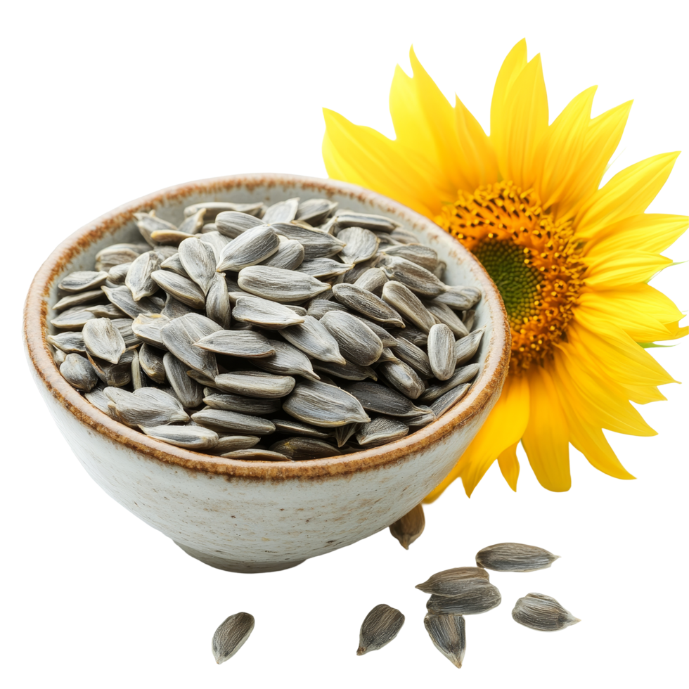 Fresh sunflower seeds in a bowl beside a vibrant sunflower on a transparent background, Sunflower seeds in a bowl on a flower on a transparent background png