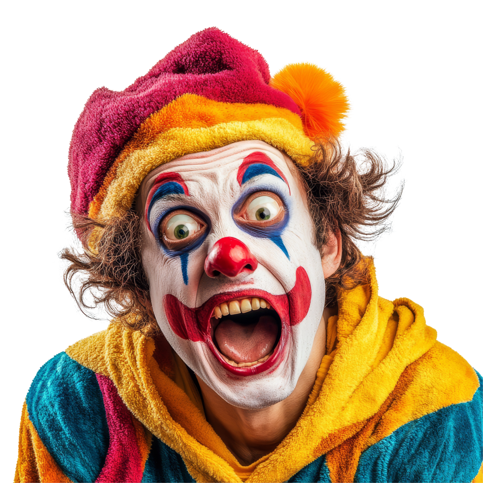 A playful clown tries to surprise and scare onlookers with a cheerful expression against a bright backdrop, Clown trying to scare surprise someone on transparent background png