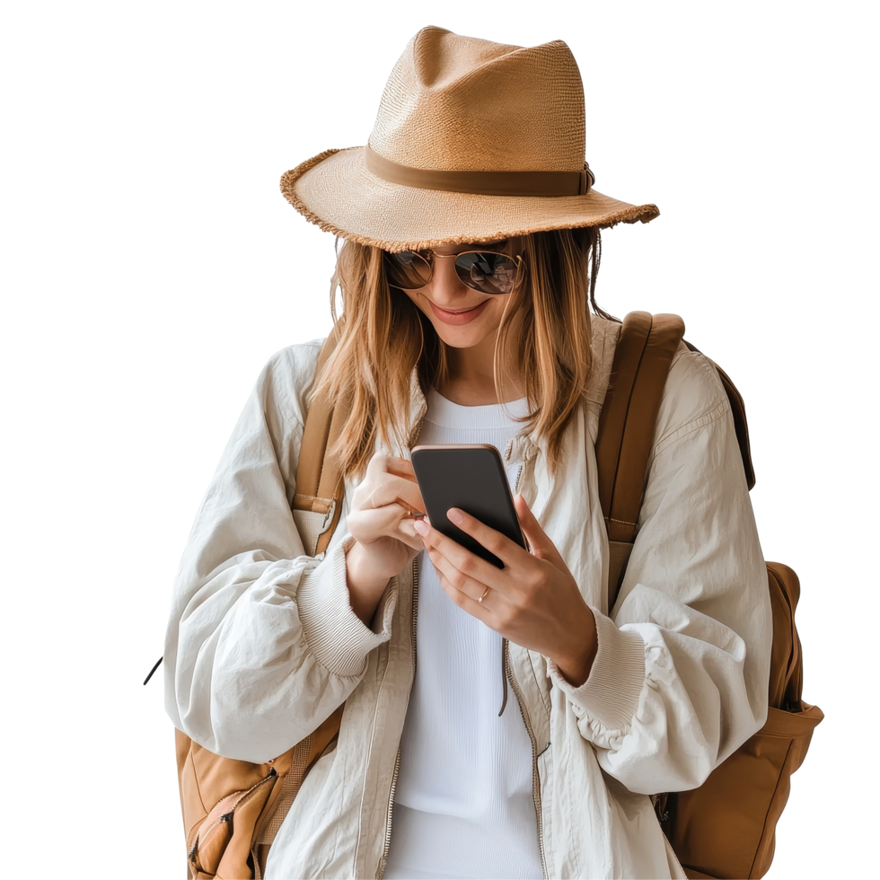 Young woman traveling with a smartphone, wearing a hat and backpack, ready to explore a new destination, file no background Young woman traveling and using a smartphone png