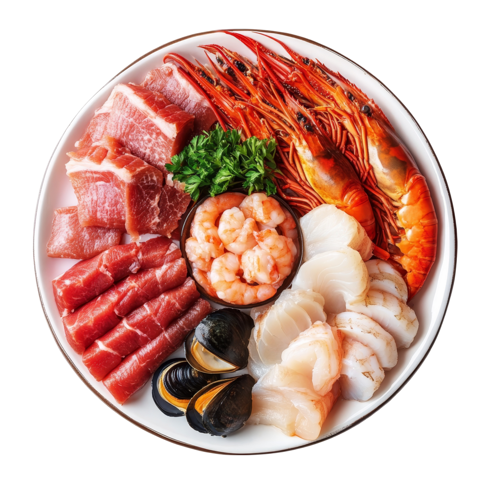 A colorful platter of assorted seafood and meat on a transparent background ready for a delicious meal experience, Dish containing both seafood and meat top view isolated on transparent background png