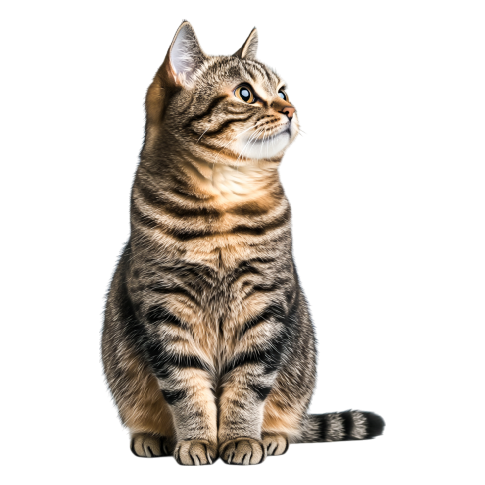 Beautiful Tabby Cat with Striking Blue Eyes Sitting Gracefully png