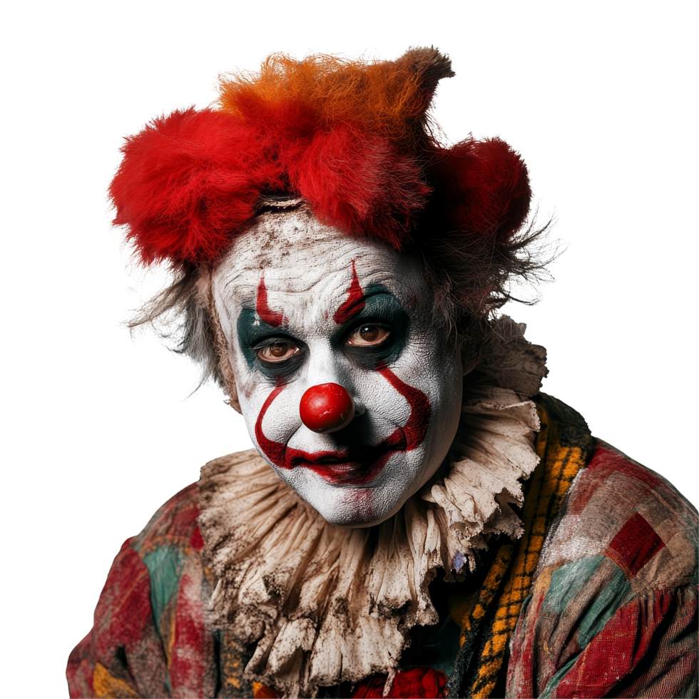 A dramatic portrayal of a clown in a colorful costume with vivid makeup on a bright transparent background, projecting a sense of emotion, clown isolated on transparent background png