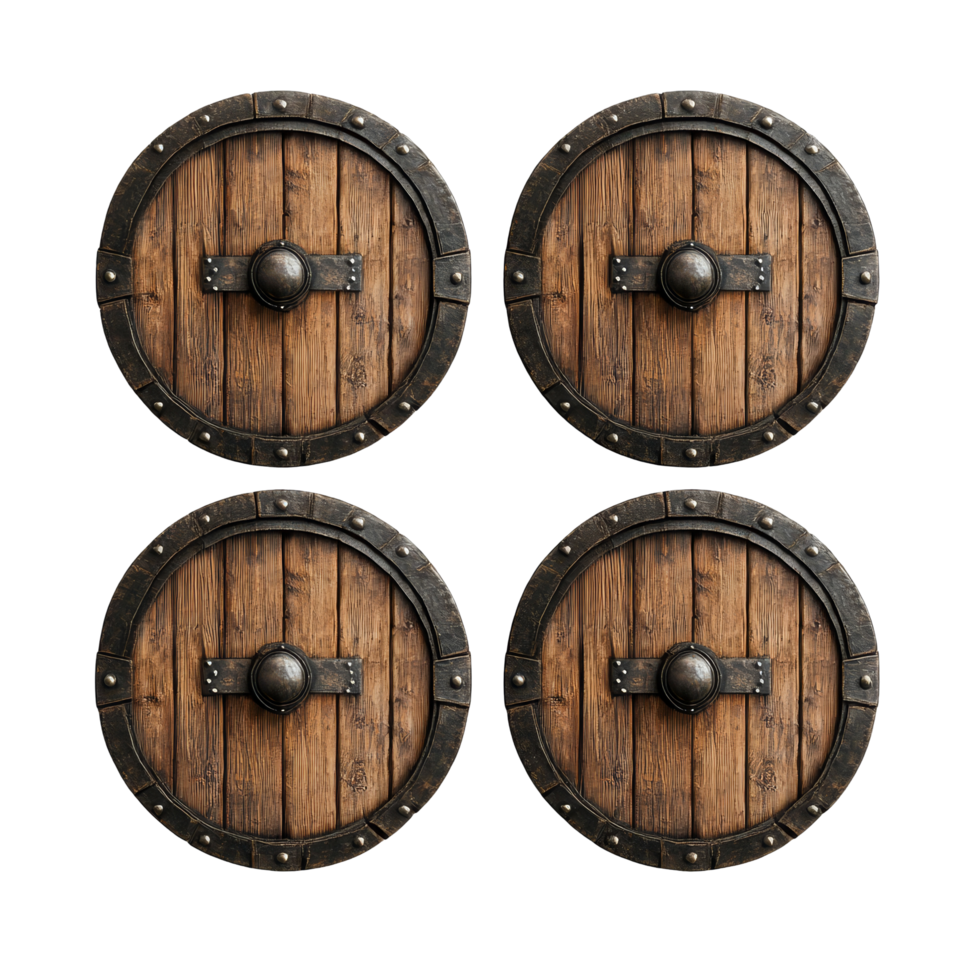 Four wooden medieval shields displayed together against a transparent background showcasing traditional craftsmanship, Wooden Medieval Shields Isolated on transparent background png