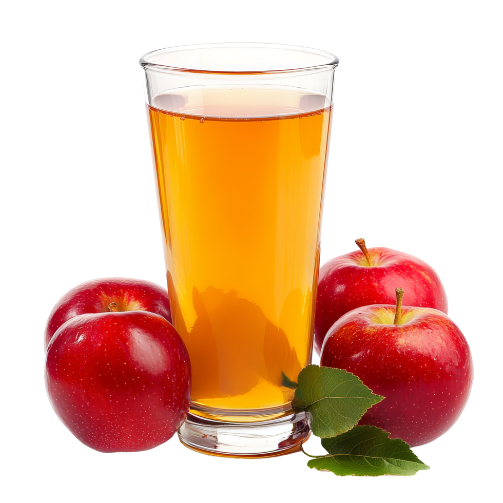 Refreshing apple juice served in a clear glass with fresh red apples on a transparent surface, A glass of apple juice with red apples isolated png