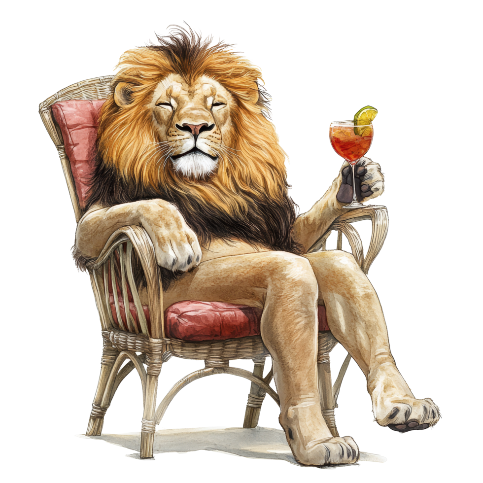 A relaxed lion enjoying a cocktail while lounging in a chair against a bright transparent background, Relaxed Lion in Chair with Cocktail on transparent background png