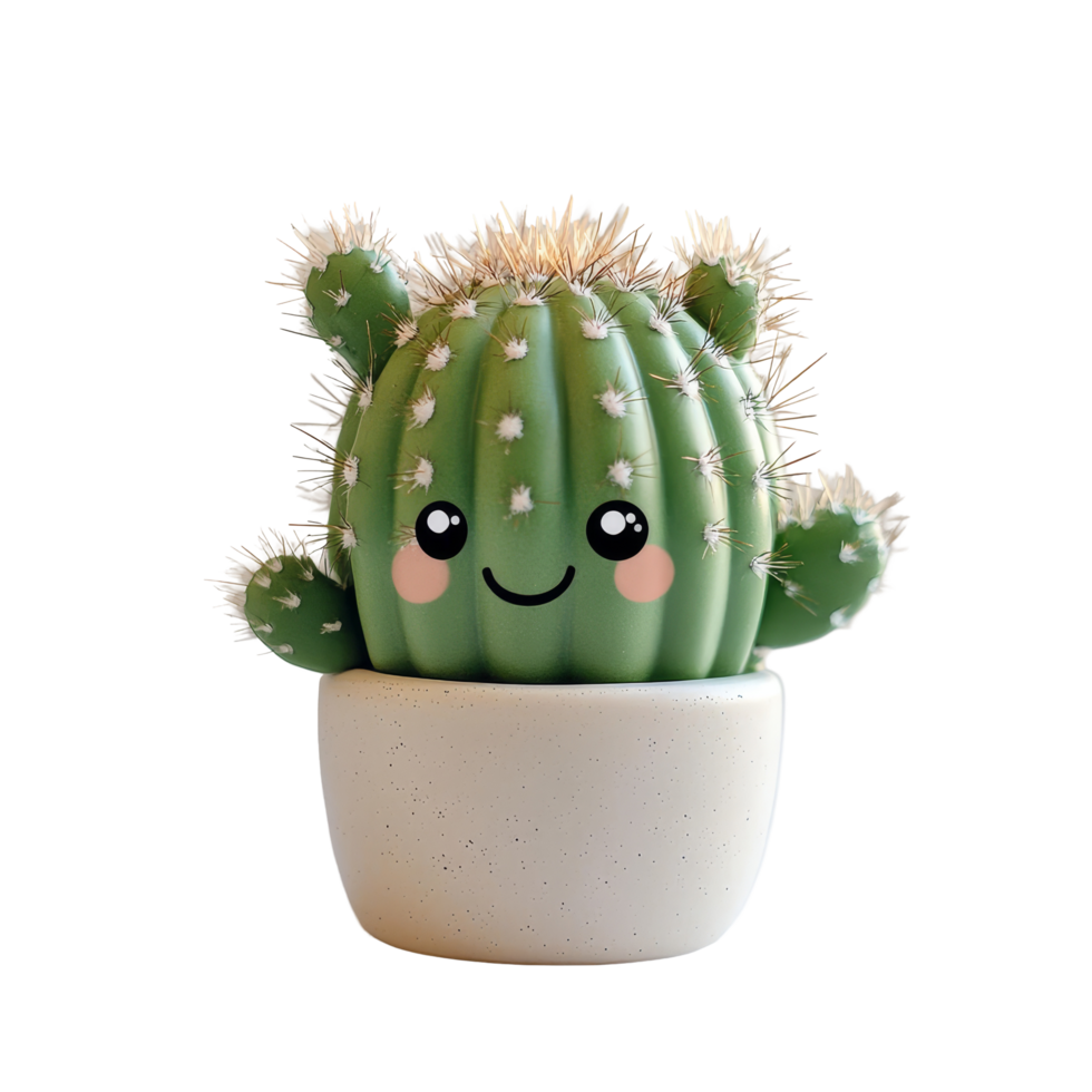 Adorable kawaii cactus character in a simple pot against a minimalist transparent background showcasing its charm and personality, Cute kawaii cactus on a transparent background png