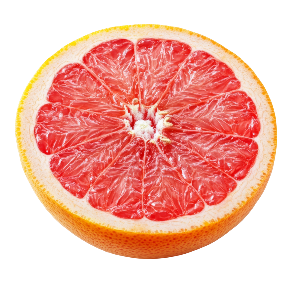 Half of a ripe pink grapefruit resting on a clean transparent surface, showcasing its juicy flesh and vibrant color, Ripe half of pink grapefruit citrus fruit on transparent background png