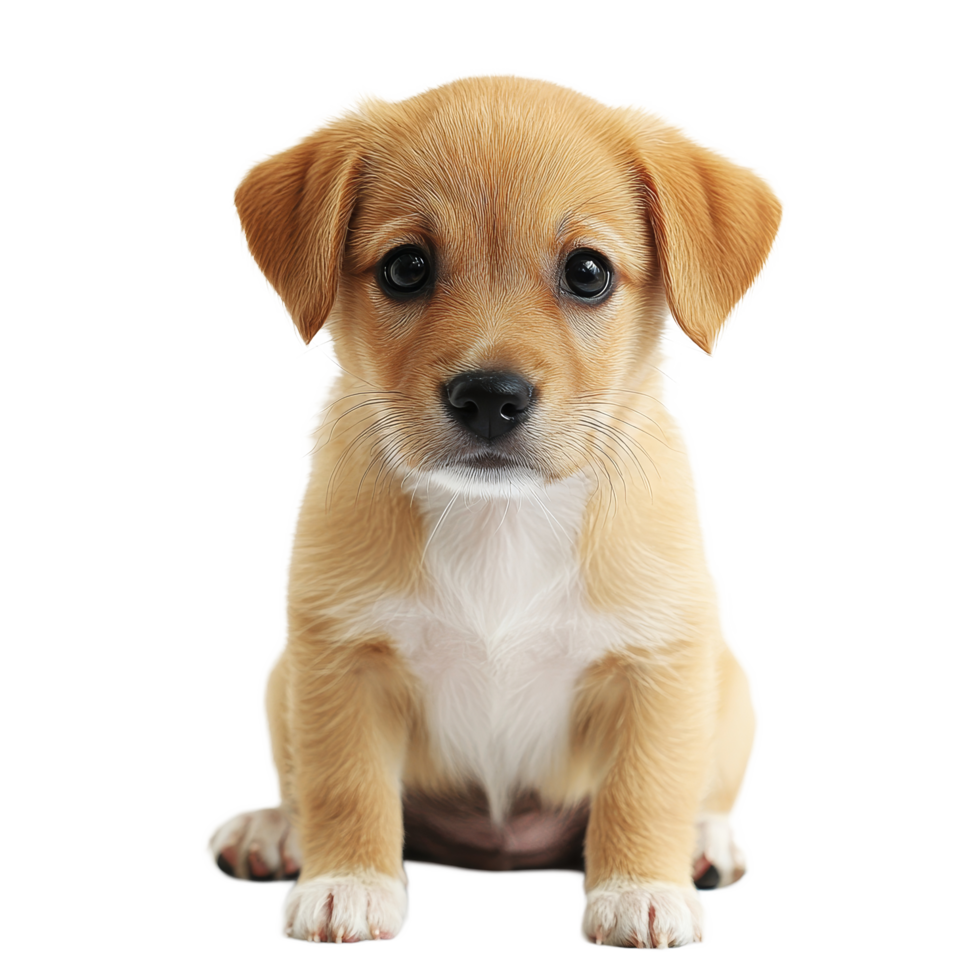 Adorable puppy with soft golden fur sitting on a transparent background, looking curiously at the camera in a bright and cheerful setting, Cute puppy on transparent background png