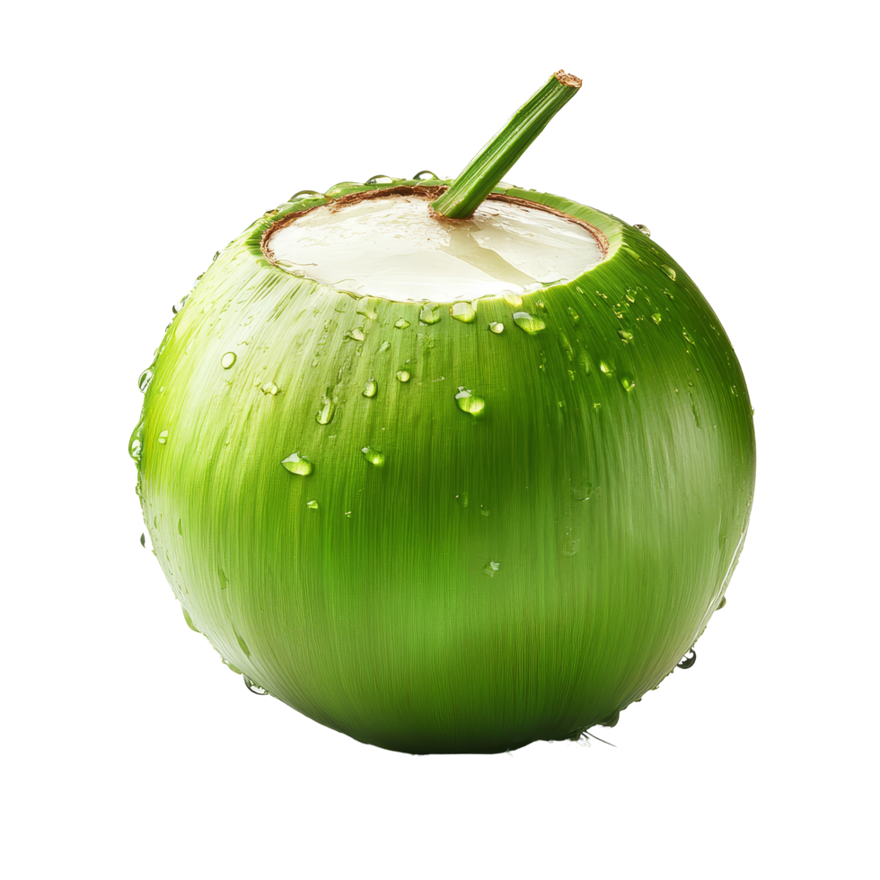 Fresh green young coconut with water droplets isolated on a transparent background, perfect for tropical refreshment, Green young coconut with drop water isolated on transparent background png